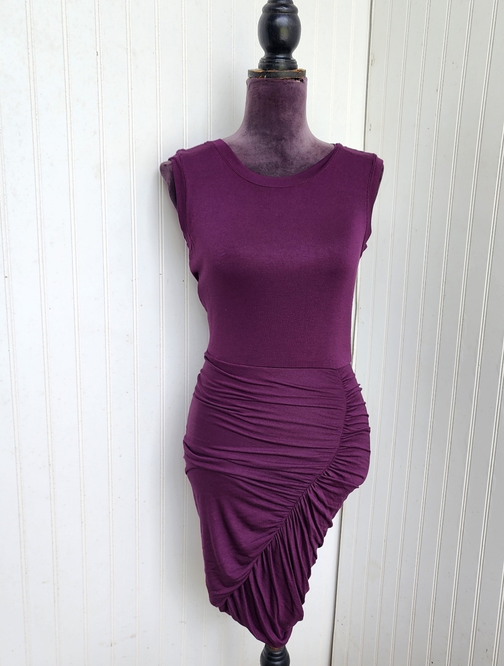 NWT $138 BCBGMaxAzria Elegant Purple Mini Dress Knit Stretch Rutched Sz S